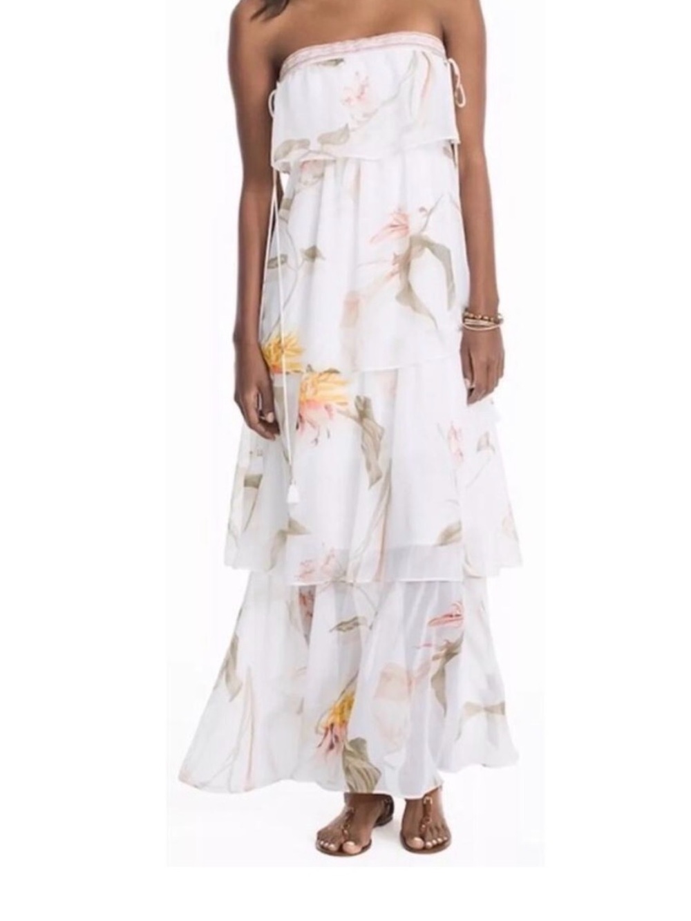 White House Black Market White Floral Tiered Strapless Maxi Dress